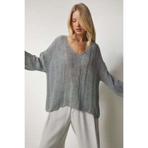 Happiness İstanbul Women's Gray Ripped Detailed Oversize Knitwear Sweater