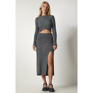 Happiness İstanbul Women's Dark Gray Corduroy Crop Skirt Sweater Suit