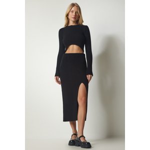 Happiness İstanbul Women's Black Ribbed Crop Skirt Knitwear Suit