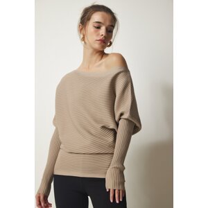 Happiness İstanbul Women's Mink Asymmetric Collar Ribbed Sweater