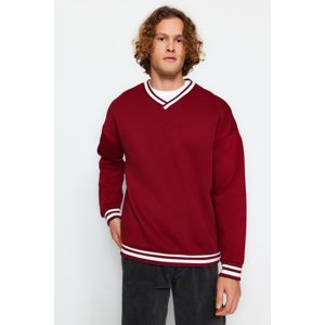 Trendyol Claret Red Men's Basic Oversized V-Neckline Soft Pile, Thick Striped Tricot Band Sweatshirt.