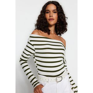 Trendyol Khaki White Striped Premium Soft Fabric Fitted Boat Neck Flexible Knitted Blouse