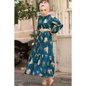 InStyle Brush Patterned Hijab Dress With A Belt - Indigo