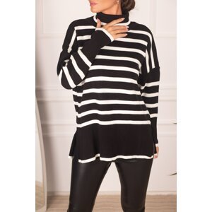 armonika Women's Black Turtleneck Striped Knitwear Sweater