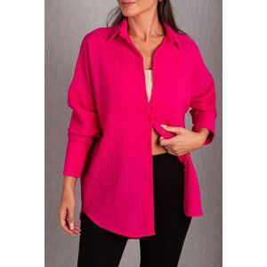 armonika Women's Fuchsia Oversize Textured Linen Look Shirt with Wide Cuffs