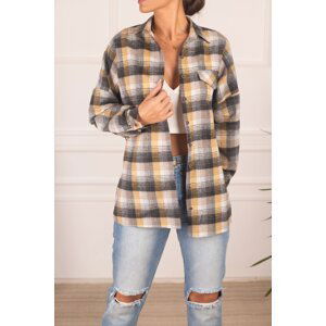 armonika Women's Yellow Plaid Pattern with Pocket Clamshell Oversized Stamped Shirt