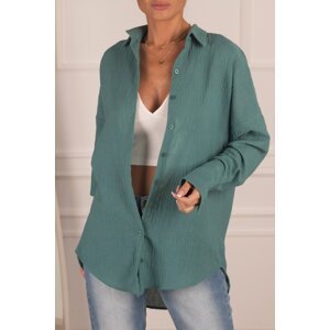 armonika Women's Turquoise Oversize Textured Linen Look Wide Cuff Shirt