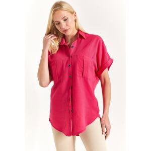 armonika Women's Fuchsia Linen Shirt with Double Pocket Detail and a yoke at the back