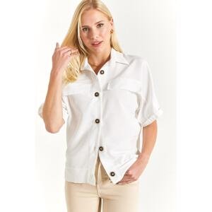 armonika Women's White Bat Sleeve Pocket Detailed Shirt Jacket