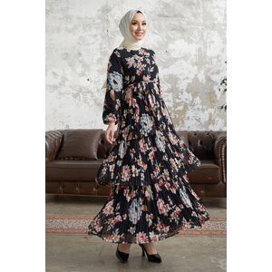 InStyle Alves kvetinové plisované hidžábové šaty s pásovým pásom - čierne