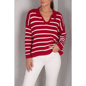 armonika Women's Red Striped Polo Neck Knitwear Sweater