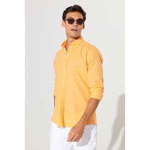 AC&Co / Altınyıldız Classics Men's Orange Tailored Slim Fit Buttoned Collar Linen Look 100% Cotton Flamed Shirt