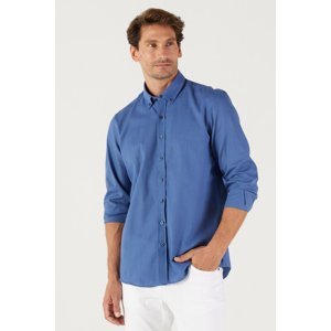 AC&Co / Altınyıldız Classics Men's Indigo Slim Fit Buttoned Collar Linen Look 100% Cotton Flared Shirt