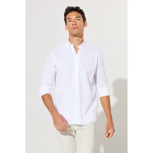 AC&Co / Altınyıldız Classics Men's White Slim Fit Slim Fit Oxford Buttoned Collar Linen Look 100% Cotton Flamed Shirt