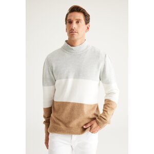 AC&Co / Altınyıldız Classics Men's Grey-camel Standard Fit Normal Cut Half Turtleneck Ruffled Soft Textured Knitwear Sweater