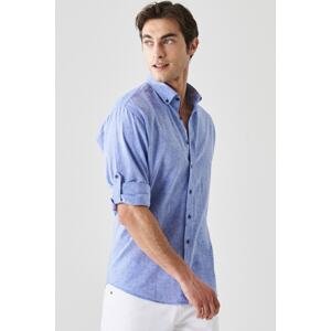 AC&Co / Altınyıldız Classics Men's Sax-Blue Comfort Fit Relaxed-Cut Buttoned Collar Casual Linen Shirt.