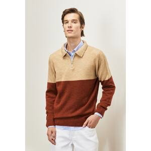 AC&Co / Altınyıldız Classics Men's Milky Brown-Brown Standard Fit Polo Neck Ruffled Soft Textured Knitwear Sweater