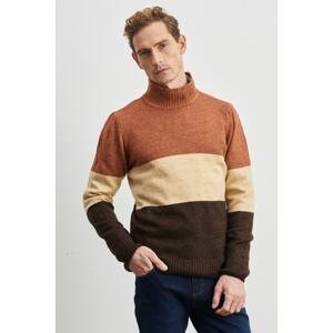 AC&Co / Altınyıldız Classics Men's Brick Brown Standard Fit Half Turtleneck Ruffled Soft Textured Knitwear Sweater