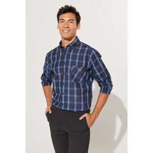 AC&Co / Altınyıldız Classics Men's Navy Blue Comfort Fit Comfortable Cut Buttoned Collar Checked Cotton Shirt.