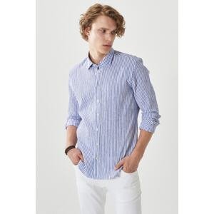 AC&Co / Altınyıldız Classics Men's White-blue Slim Fit Narrow Cut Button Collar Striped Shirt