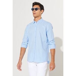 AC&Co / Altınyıldız Classics Men's Blue Tailored Slim Fit Slim Fit Buttoned Collar Linen Look 100% Cotton Flamed Shirt