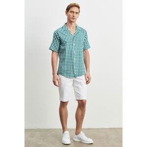 AC&Co / Altınyıldız Classics Men's White-green Comfort Fit Relaxed Cut Mono Collar Checkered Short Sleeve Casual Shirt