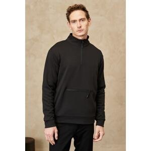 AC&Co / Altınyıldız Classics Men's Black Standard Fit Normal Cut Stand Collar Cold Proof Zipper Front Pocket Detailed Sweatshirt