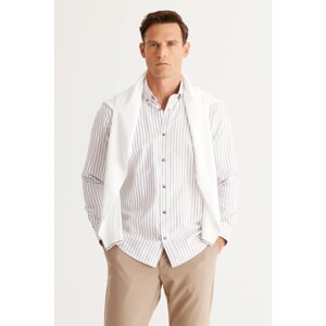 AC&Co / Altınyıldız Classics Men's White Camel Slim Fit Slim Fit Classic Collar Cotton Striped Shirt.