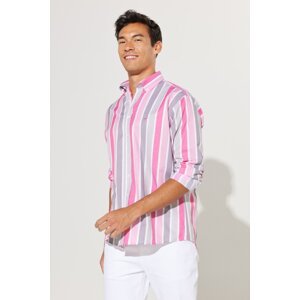 AC&Co / Altınyıldız Classics Men's Grey-Pink Comfort Fit Comfortable Cut Collar Striped Cotton Shirt with Buttons.
