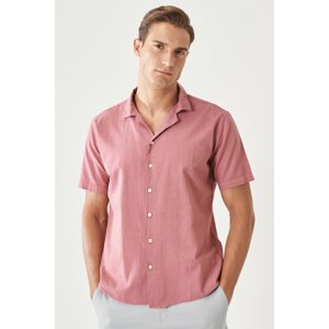 ALTINYILDIZ CLASSICS Men's Claret Red Comfort Fit Relaxed Cut Mono Collar Short Sleeve Plain Linen Shirt