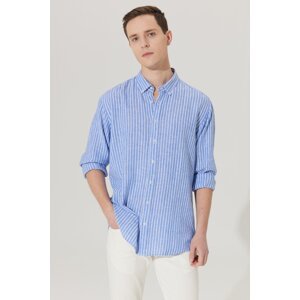 ALTINYILDIZ CLASSICS Men's White-Navy Blue Comfort Fit Relaxed-Cut Buttoned Collar Striped Linen Shirt.