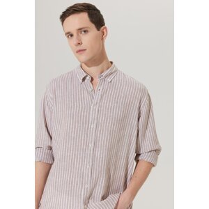 ALTINYILDIZ CLASSICS Men's White-beige Comfort Fit Comfortable Cut Buttoned Collar Striped Linen Shirt.
