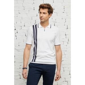 ALTINYILDIZ CLASSICS Men's White Navy Standard Fit Normal Cut Polo Collar 100% Cotton Patterned Short Sleeve Knitwear T-Shirt.