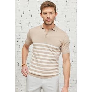 ALTINYILDIZ CLASSICS Men's Mink-ecru Standard Fit Regular Fit Polo Neck 100% Cotton Short Sleeve Striped Knitwear T-Shirt