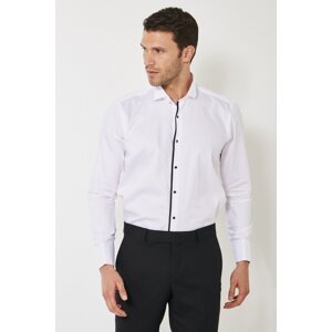 ALTINYILDIZ CLASSICS Men's White-black Slim Fit Slim Fit 100% Cotton Shirt with Collar Collar.