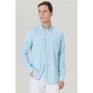 ALTINYILDIZ CLASSICS Men's Turquoise Slim Fit Slim Fit Buttoned Collar Linen-Looking 100% Cotton Flared Shirt.