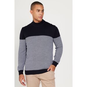 ALTINYILDIZ CLASSICS Men's Navy Blue-Cream Standard Fit Normal Cut Half Turtleneck Patterned Knitwear Sweater.