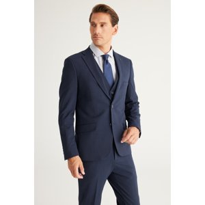 ALTINYILDIZ CLASSICS Men's Dark Navy Blue Recycle Slim Fit Slim Fit Mono Collar Checkered Suit with Vest
