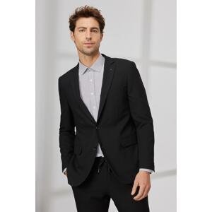 ALTINYILDIZ CLASSICS Men's Black Slim Fit Narrow Cut Mono Collar Seersucker Patterned Suit
