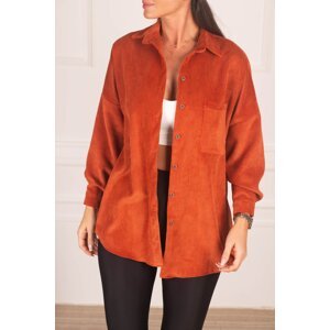 armonika Women's Orange Pocket Oversize Velvet Long Basic Shirt