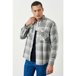 ALTINYILDIZ CLASSICS Men's Grey-white Oversize Wide Cut Buttoned Collar Plaid Patterned Lumberjack Winter Shirt Jacket