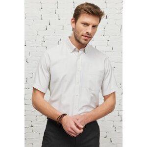 ALTINYILDIZ CLASSICS Men's White-beige Comfort Fit Comfy Cut Buttoned Collar Dobby Short Sleeve Shirt with Pocket.