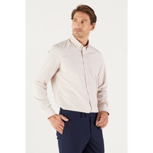 AC&Co / Altınyıldız Classics Men's Beige Slim Fit Slim-fit Oxford Buttoned Collar Gingham Cotton Shirt