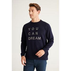 ALTINYILDIZ CLASSICS Men's Navy Blue Anti-Pilling Fabric Standard Fit Crew Neck Printed Knitwear Sweater.