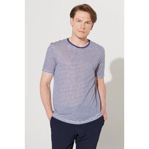 ALTINYILDIZ CLASSICS Men's White-Navy Blue Slim Fit Slim Fit Crewneck Striped T-Shirt.