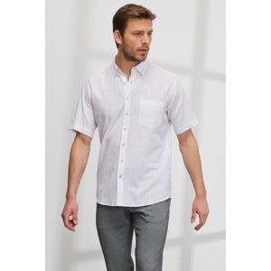 AC&Co / Altınyıldız Classics Men's White Comfort Fit Easy-Cut Collar with Buttons Linen-Looking 100% Cotton Short Sleeve Shirt.