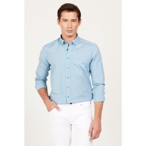 AC&Co / Altınyıldız Classics Men's Navy Blue-Green Slim Fit Slim Fit Button Collar Logo Pocket Cotton Striped Shirt