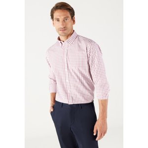 AC&Co / Altınyıldız Classics Men's White-Claret Red Comfort Fit Comfy Cut Buttoned Collar Cotton Check Shirt.