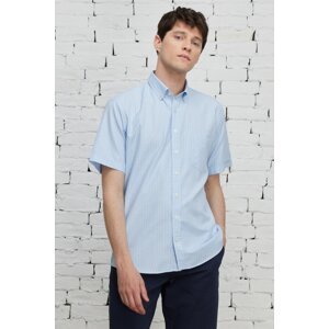 ALTINYILDIZ CLASSICS Men's Light Blue Comfort Fit Relaxed Cut Button Collar Checked Short Sleeve Shirt