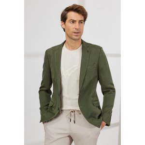 ALTINYILDIZ CLASSICS Men's Khaki Slim Fit Slim Fit Mono Collar Patterned Linen Jacket.